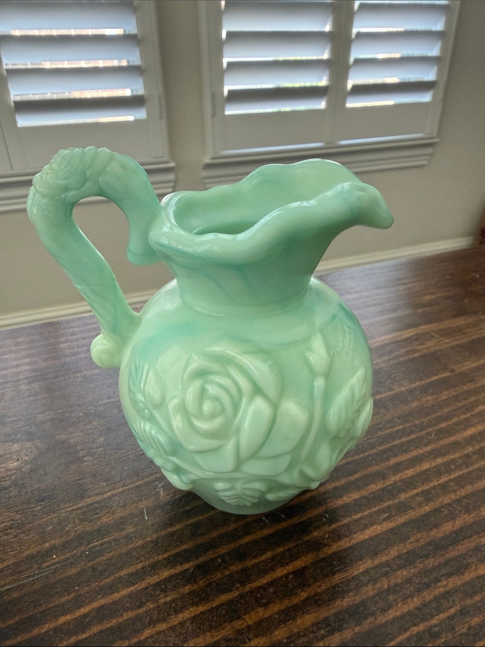 Avon Pale Mint Green Rose-Relief Glass Pitcher